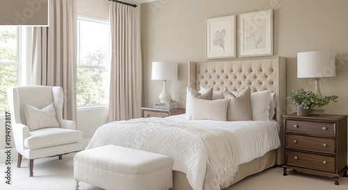 Contemporary Bedroom with Neutral Palette, Comfortable Seating, and Sophisticated Accessories, Creating a Tranquil and Relaxing Space