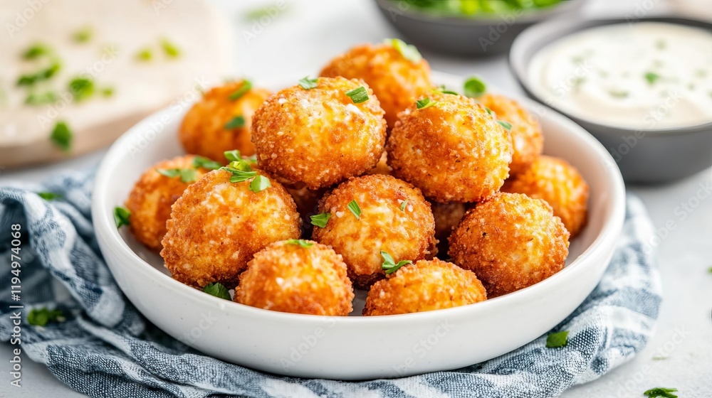 Deep-fried pork nuggets served with a creamy garlic parmesan dip Deep-fried pork nuggets served with a creamy garlic parmesan dip