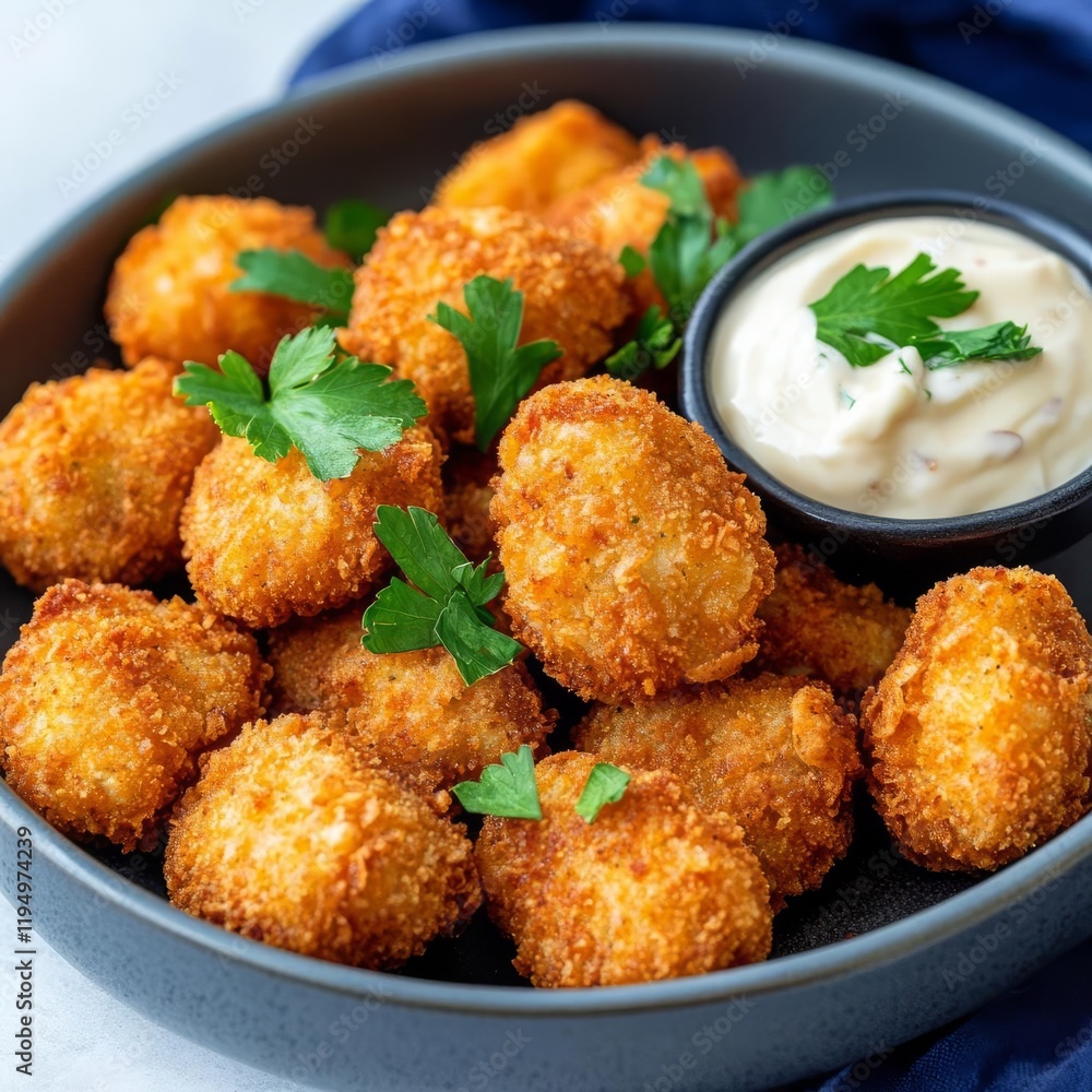 Deep-fried pork nuggets served with roasted garlic aioli and fresh parsley Deep-fried pork nuggets served with roasted garlic aioli and fresh parsley