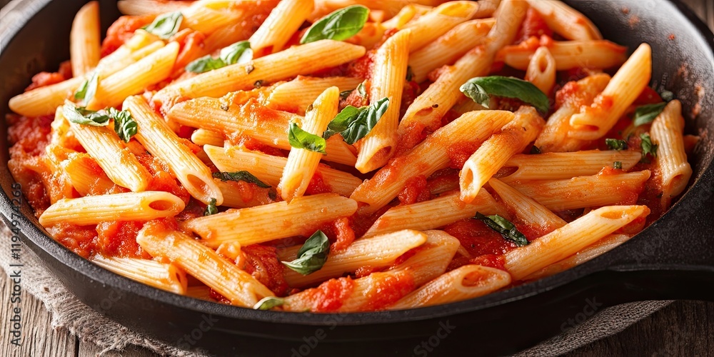 Italian penne pasta with fresh basil and rich tomato sauce in a black skillet positioned on a wooden table creating a warm rustic atmosphere Italian penne pasta with fresh basil and rich tomato sauce in a black skillet positioned on a wooden table creating a warm rustic atmosphere