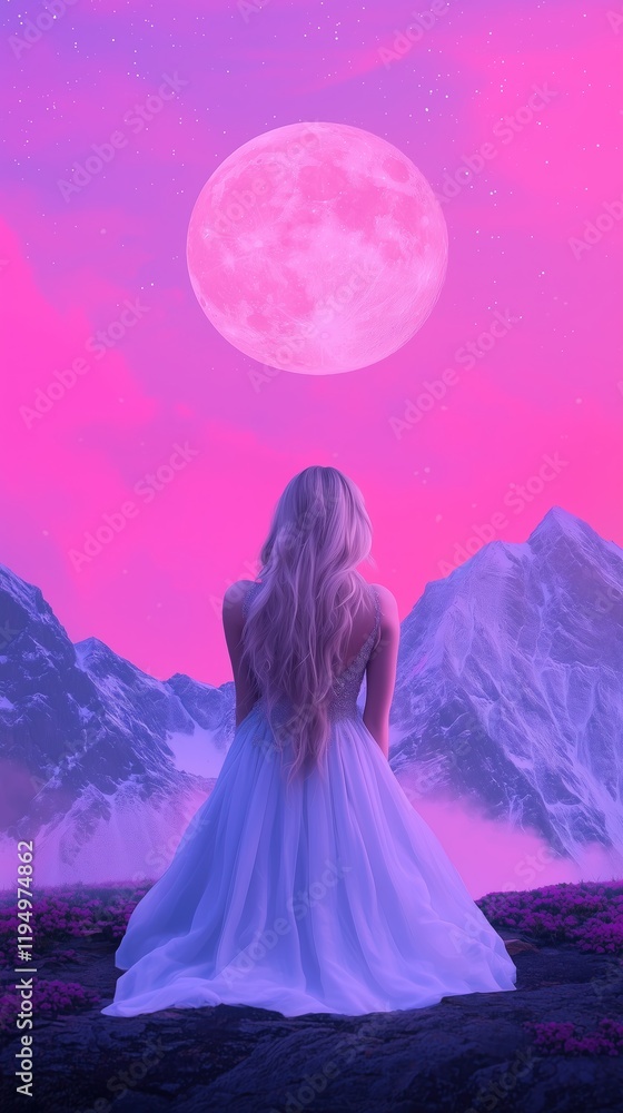 Wedding Ethereal Scene of Woman in White Dress with Long Hair Facing Pink Moonset Against Snowy Mountains and Vibrant Sky Dreamlike Serenity at Twilight Wedding Ethereal Scene of Woman in White Dress with Long Hair Facing Pink Moonset Against Snowy Mountains and Vibrant Sky Dreamlike Serenity at Twilight