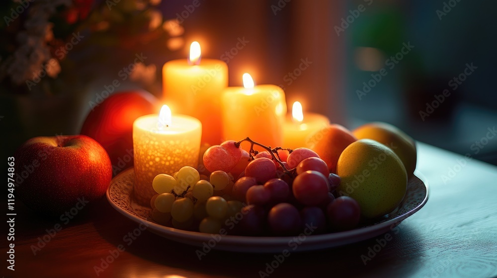 Obraz premium A decorative plate filled with fresh fruits and lit candles, creating a cozy and inviting ambiance that radiates warmth and comfort.