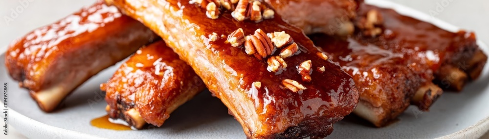 Fototapeta premium Deep-fried pork ribs glazed with sticky maple syrup, garnished with crushed pecans