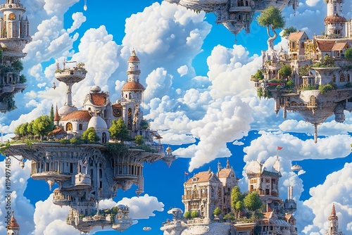 Fantasy floating islands with majestic castles and vibrant blue sky.  Dreamlike, whimsical artwork perfect for children's books, game design, or fantasy settings.
