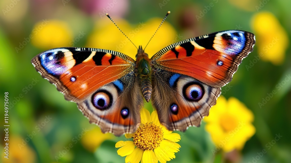 Obraz premium Close-Up Butterfly on Flower with Blurred Floral Background and Copy Space: Blooming Spring Meadow with Wildflowers and Colorful Butterfly for Nature Wildlife Banner, Poster, and Postcard Design
