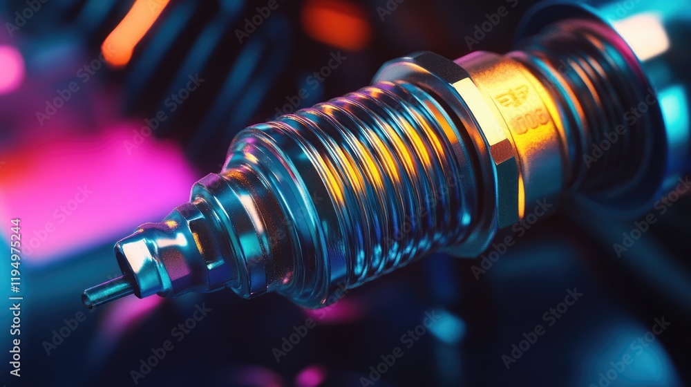 A detailed close-up of a spark plug, with metallic textures and vibrant lighting, emphasizing its importance in engine performance and engineering. A detailed close-up of a spark plug, with metallic textures and vibrant lighting, emphasizing its importance in engine performance and engineering.