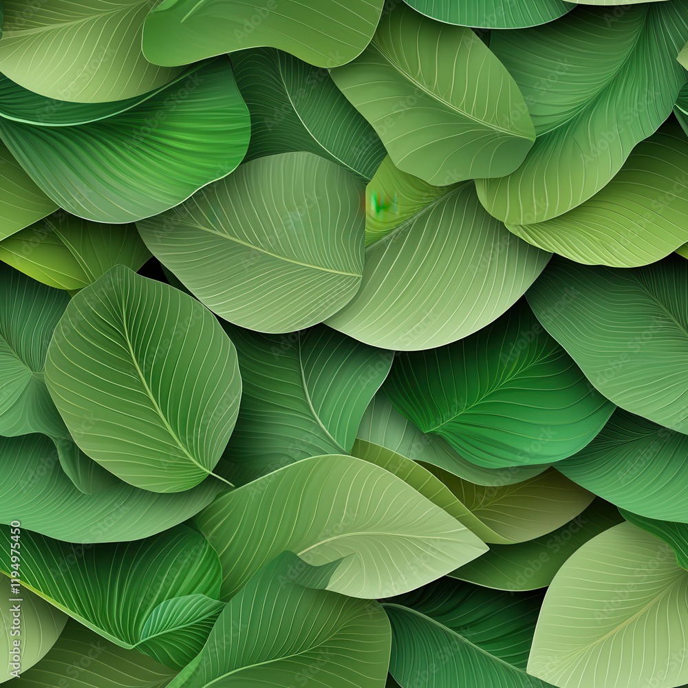 Lush green leaves create vibrant, seamless background, showcasing various shades and textures. This natural pattern evokes sense of tranquility and freshness Lush green leaves create vibrant, seamless background, showcasing various shades and textures. This natural pattern evokes sense of tranquility and freshness