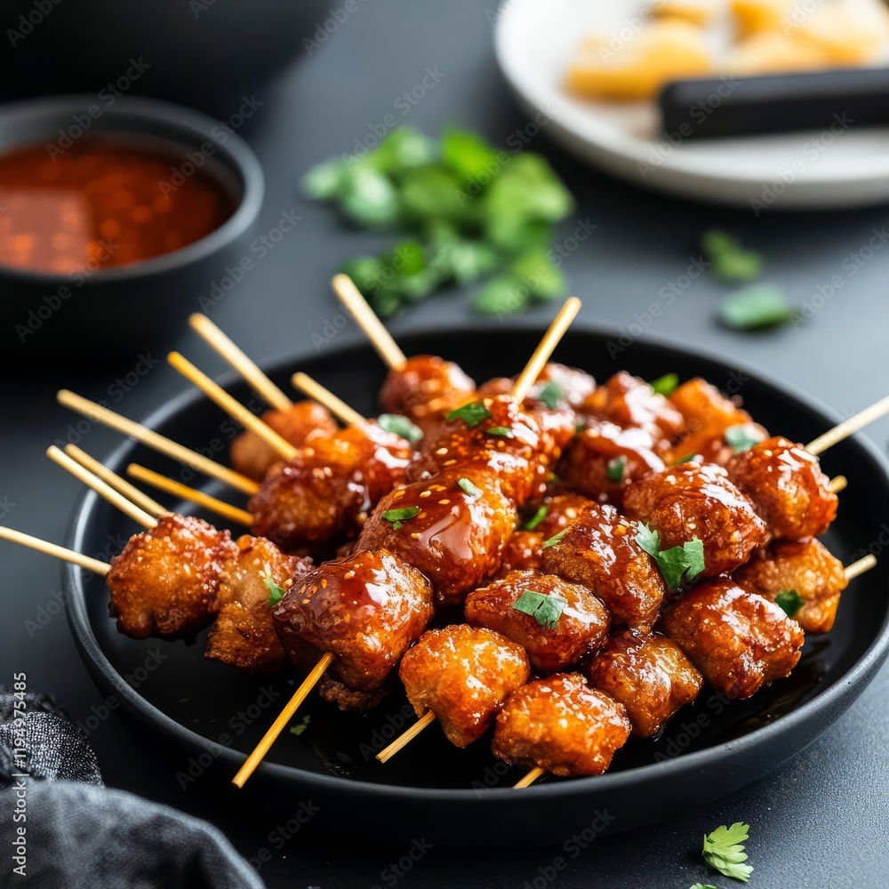 Deep-fried pork skewers drizzled with a sweet chili glaze Deep-fried pork skewers drizzled with a sweet chili glaze