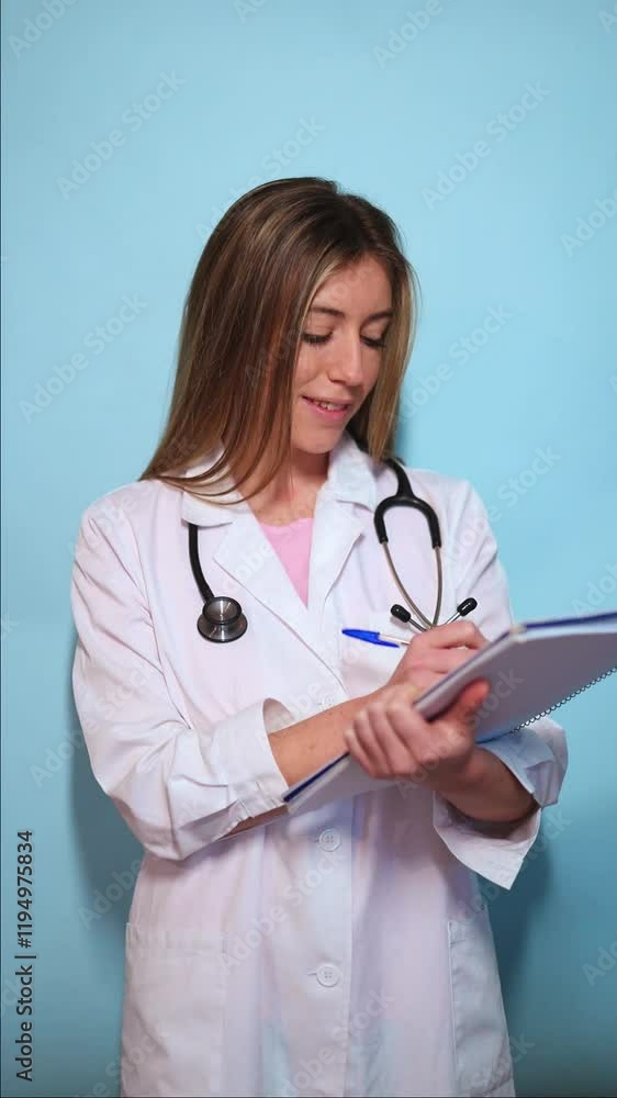 vertical Female Doctor Writing Notes on a Notepad on a Blue Background vertical Female Doctor Writing Notes on a Notepad on a Blue Background