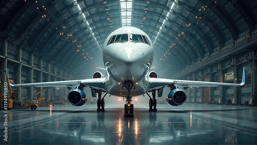Aircraft positioned inside a spacious hangar with bright lighting during early morning hours Aircraft positioned inside a spacious hangar with bright lighting during early morning hours