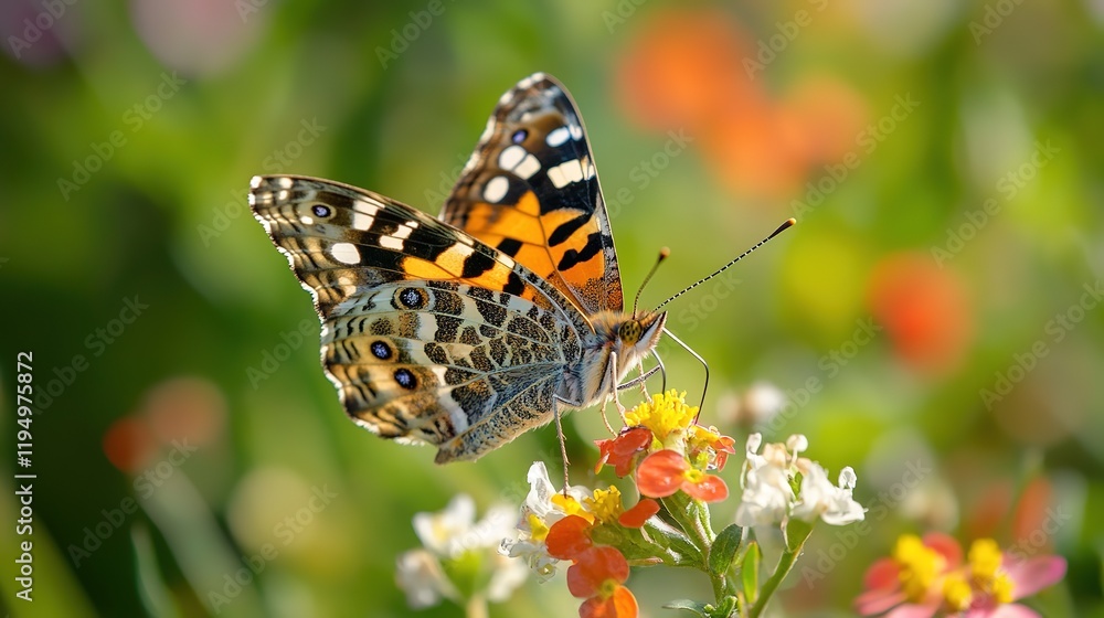 Fototapeta premium Close-Up Butterfly on Flower with Blurred Floral Background and Copy Space: Blooming Spring Meadow with Wildflowers and Colorful Butterfly for Nature Wildlife Banner, Poster, and Postcard Design
