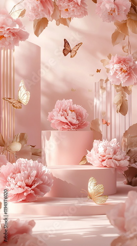Abstract pastel podiums of varying heights, surrounded by pink peonies, golden butterfly accents. Airy spring backdrop, luxury product display. Vertical social media footage. Women's day, Mother's day