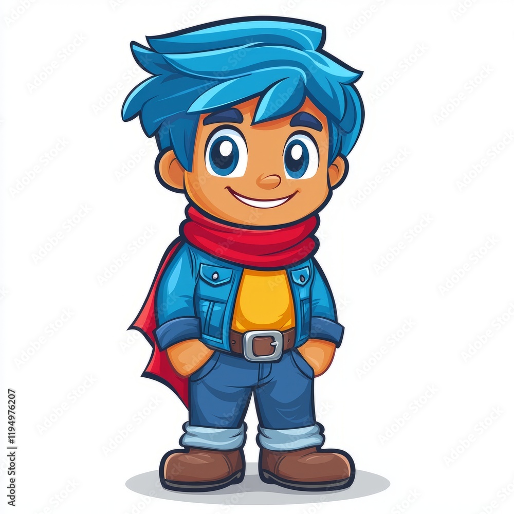 A cheerful cartoon boy with blue hair and a red scarf A cheerful cartoon boy with blue hair and a red scarf