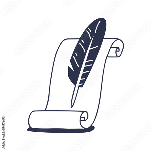 A quill and scroll symbolize writing, knowledge, and tradition.