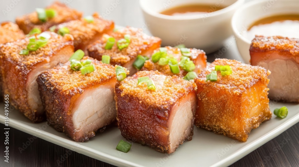 Fried pork belly cubes with a crunchy crust, paired with a tangy tamarind sauce Fried pork belly cubes with a crunchy crust, paired with a tangy tamarind sauce
