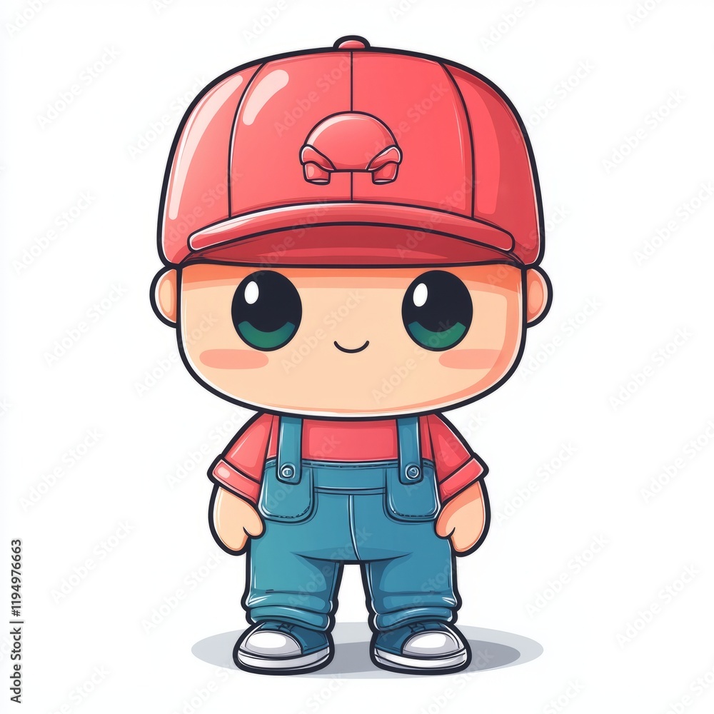 Adorable Cartoon Boy Wearing Red Cap and Overalls Adorable Cartoon Boy Wearing Red Cap and Overalls