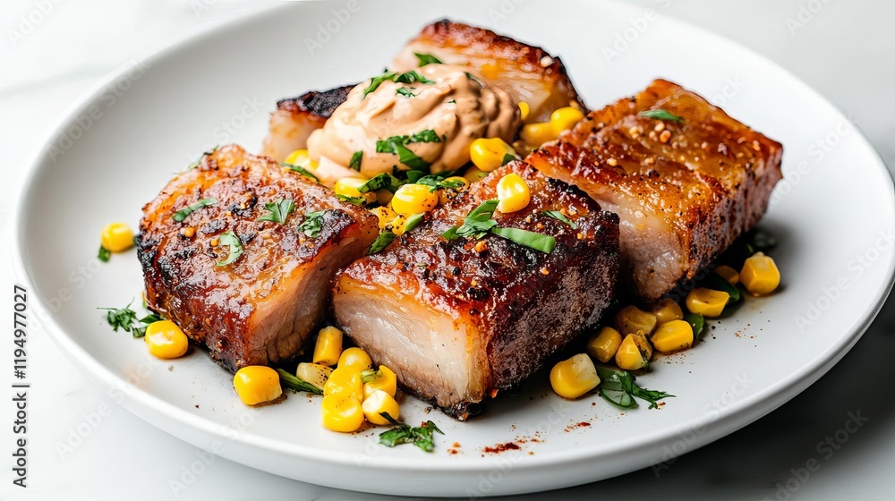 Fried pork belly slices paired with roasted corn and smoky chipotle aioli Fried pork belly slices paired with roasted corn and smoky chipotle aioli