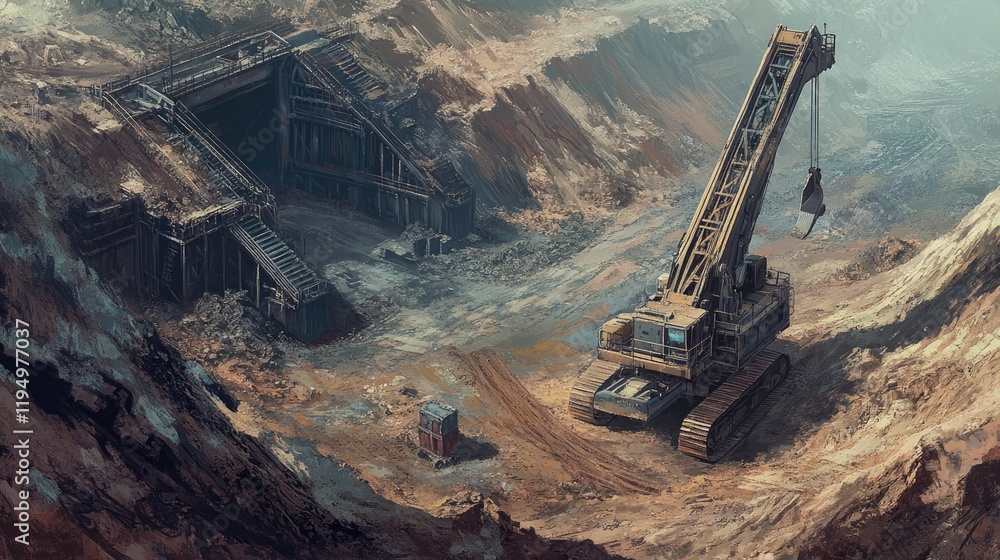 Fototapeta premium A detailed shot of coal mining equipment, including excavators, operating in a rugged terrain, highlighting the energy industry role in resource extraction.