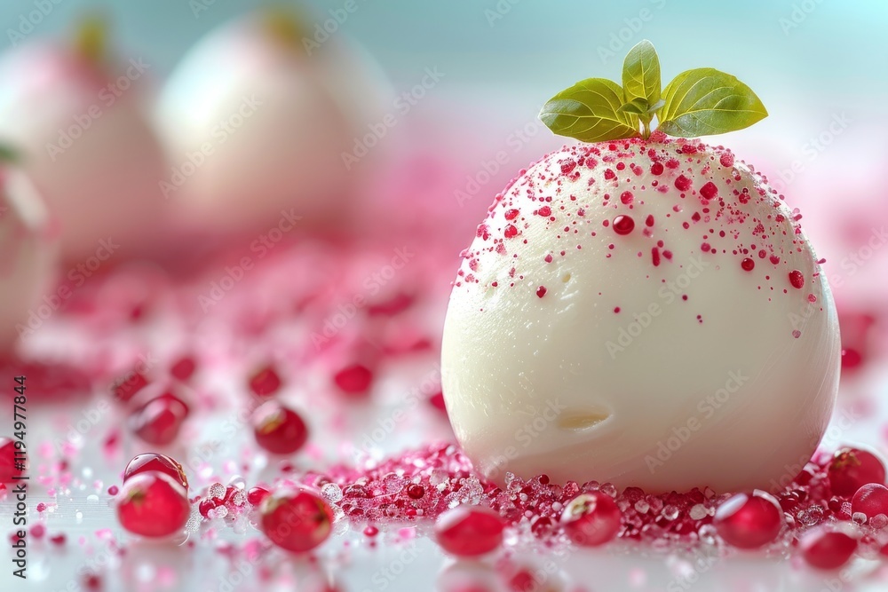 Unique dessert featuring delicate spheres of cream surrounded by colorful decorations on a bright surface Unique dessert featuring delicate spheres of cream surrounded by colorful decorations on a bright surface