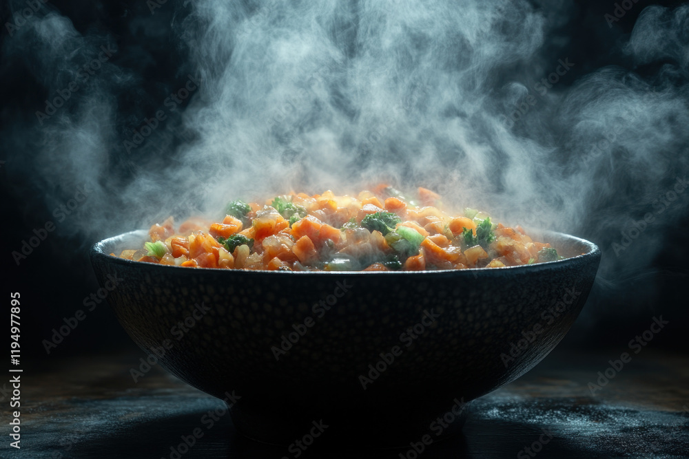 Steaming bowl of food on a table, inviting and warm. Steaming bowl of food on a table, inviting and warm.