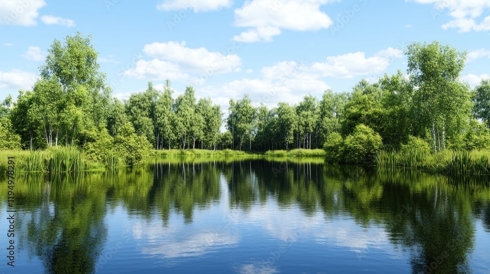 Serene lake surrounded by lush greenery and blue skies. Serene lake surrounded by lush greenery and blue skies.