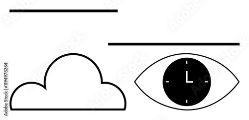 Stylized eye enclosing clock, cloud, and horizontal lines suggest concepts of time, memory, vision, creativity, and imagination. Ideal for time management, mindfulness dreams productivity