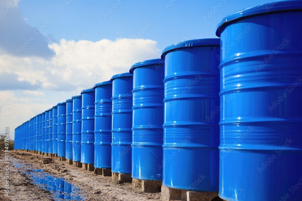 Row of vibrant blue barrels against clear sky, showcasing indust Row of vibrant blue barrels against clear sky, showcasing indust