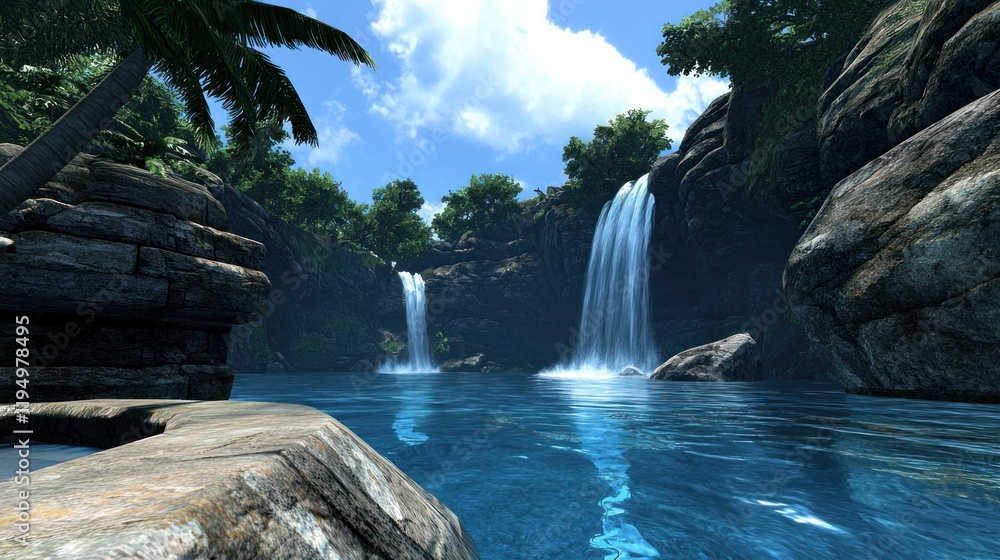 Naklejka premium Serene waterfall landscape with lush greenery and clear water.