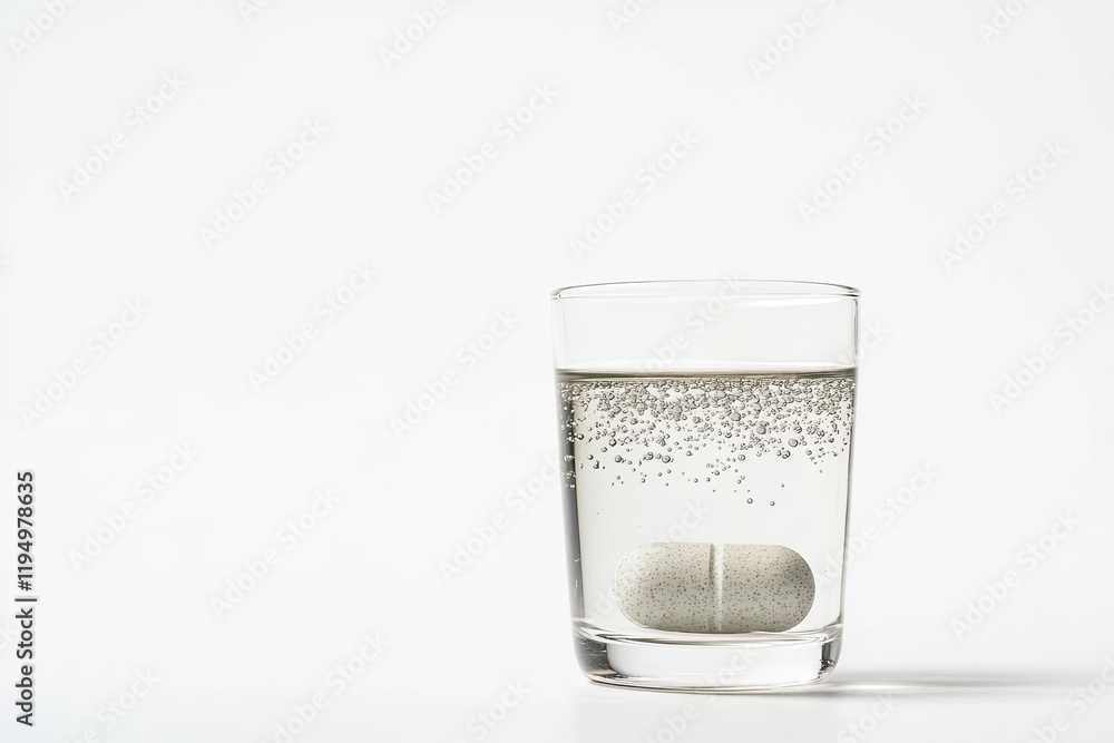 Clear glass filled with sparkling water and dissolving tablet cr Clear glass filled with sparkling water and dissolving tablet cr