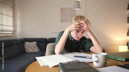 A teenage boy sits at his desk in his room, surrounded by books, notes and laptop, focusing on his studies