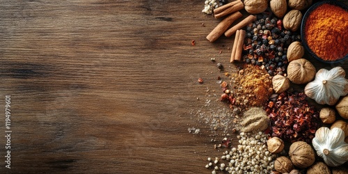 Fototapeta Naklejka Na Ścianę i Meble -  Assorted spices and nuts in vibrant hues scattered on a rich wooden surface with ample blank space for text on the left side of the image