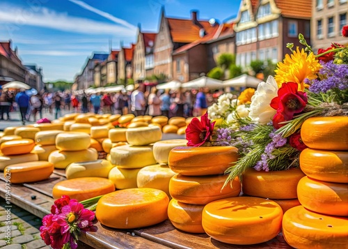 Alkmaar Cheese Market: Vibrant Flowers & Gouda Cheese, Shallow Depth of Field