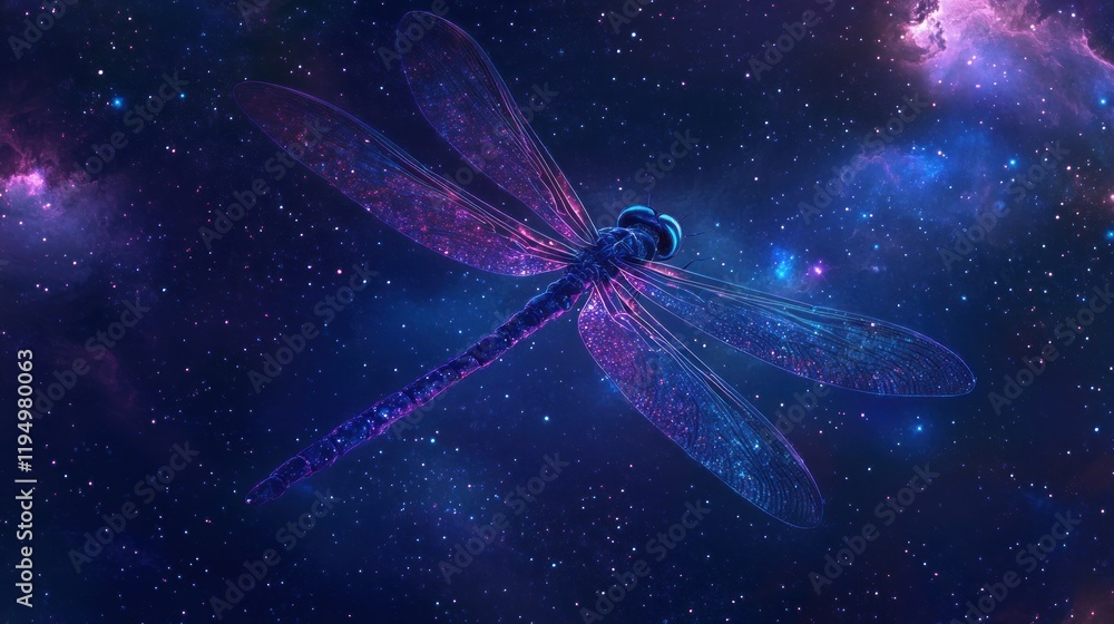 Cosmic dragonfly soaring through a vibrant nebula, stars, and galaxies. Cosmic dragonfly soaring through a vibrant nebula, stars, and galaxies.
