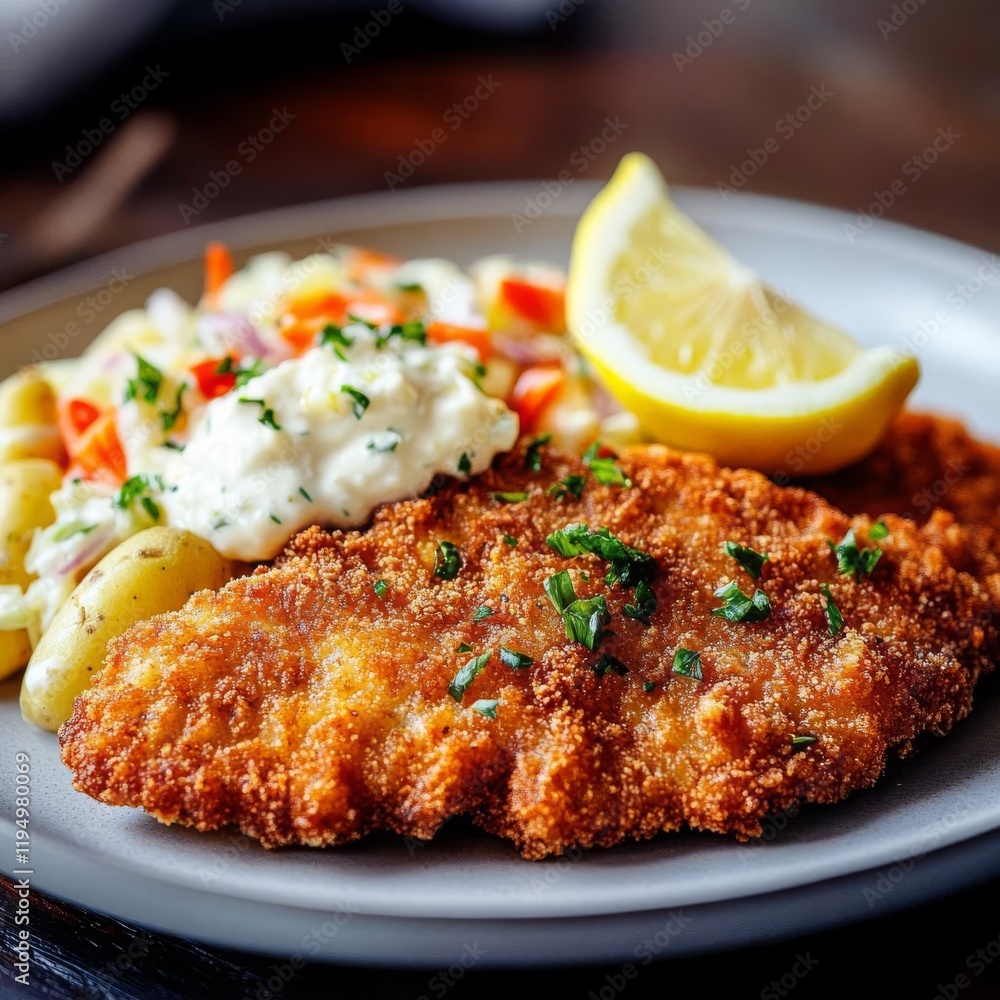 Fried pork schnitzel served with creamy potato salad and a wedge of lemon Fried pork schnitzel served with creamy potato salad and a wedge of lemon