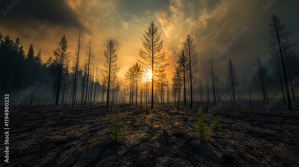 Fototapeta premium Burned forest landscape with charred trees and new green saplings emerging, illuminated by a golden sunset, symbolizing renewal. 