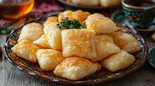 Golden brown baursak pieces are artfully arranged on an ornate platter, accompanied by fragrant tea, highlighting the rich culinary traditions of Kazakhstan photo