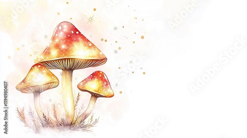 Colorful mushrooms rise from soft ground, glowing with enchantin photo