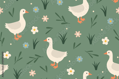 seamless spring, easter pattern with goose and flowers- vector illustration