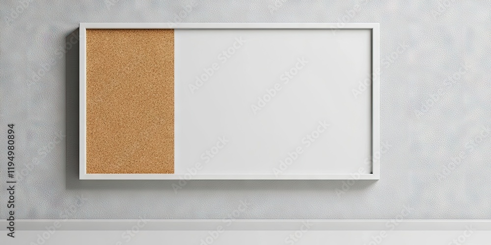 Fototapeta premium Empty cork board frame with a white surface and left cork section, mounted against a subtle textured wall in light gray tones.
