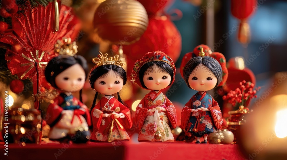 A festive atmosphere with four adorable dolls in traditional attire, surrounded by red decorations, exuding warmth and celebration. A festive atmosphere with four adorable dolls in traditional attire, surrounded by red decorations, exuding warmth and celebration.