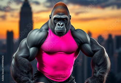 Muscular Gorilla Cityscape Sunset Pink Tank Top photo