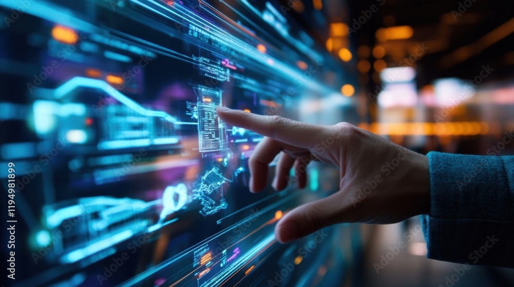 Closeup of a hand gesturing toward an AR display that visualizes the flow of materials through the production line highlighting bottlenecks and efficiency improvements in realtime. Closeup of a hand gesturing toward an AR display that visualizes the flow of materials through the production line highlighting bottlenecks and efficiency improvements in realtime.