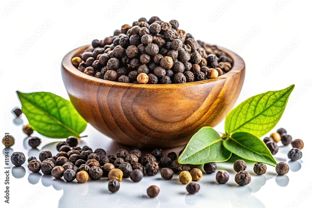 Double Exposure: Black Peppercorns in Wooden Bowl, White Background - Culinary Stock Photo Double Exposure: Black Peppercorns in Wooden Bowl, White Background - Culinary Stock Photo