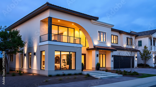 Luxury Modern Home Exterior at Night: Contemporary Architectural Design and Real Estate Photography