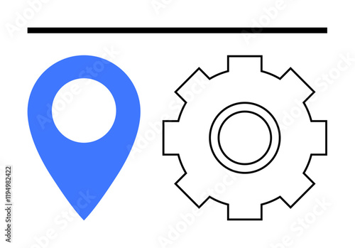 Blue location pin and black gear side by side under horizontal line. Ideal for navigation, maintenance, workflow, operations, tech, industrial planning, abstract line flat metaphor
