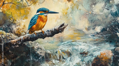 A colorful kingfisher perched on a branch overhanging a crystal-clear stream