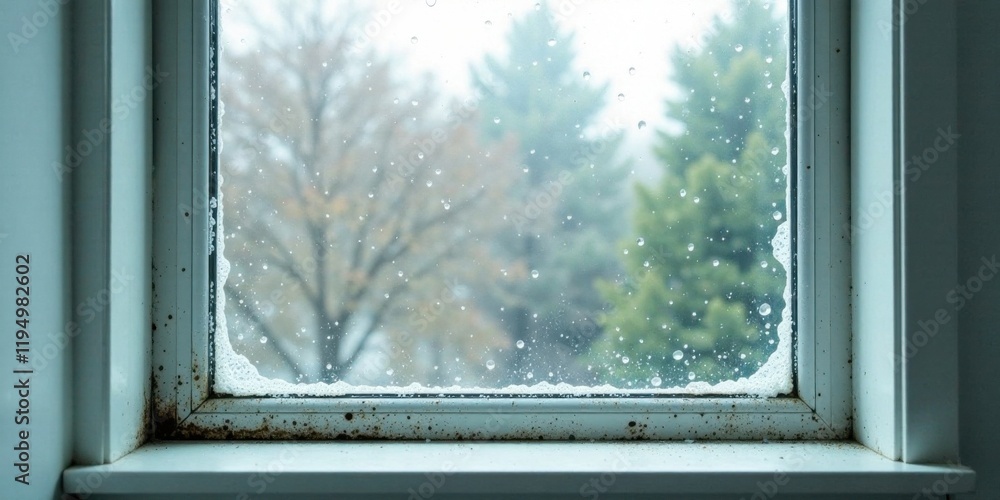 Obraz premium Window Frame with Water Damage and Exterior View