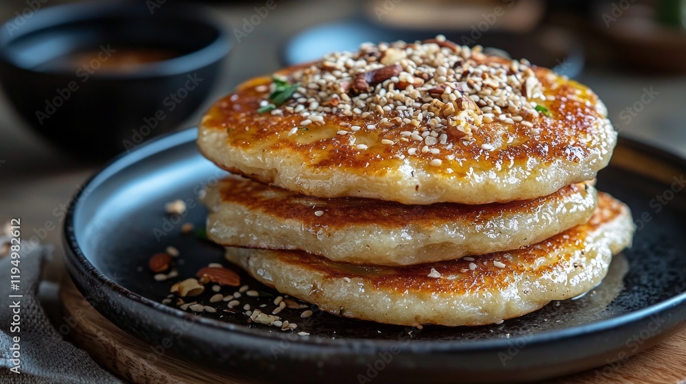 Stacked high, these hoddeok pancakes feature a beautifully golden exterior and a tempting filling. Relish the aroma of sweet spices and toasted nuts, perfect for a cozy treat Stacked high, these hoddeok pancakes feature a beautifully golden exterior and a tempting filling. Relish the aroma of sweet spices and toasted nuts, perfect for a cozy treat