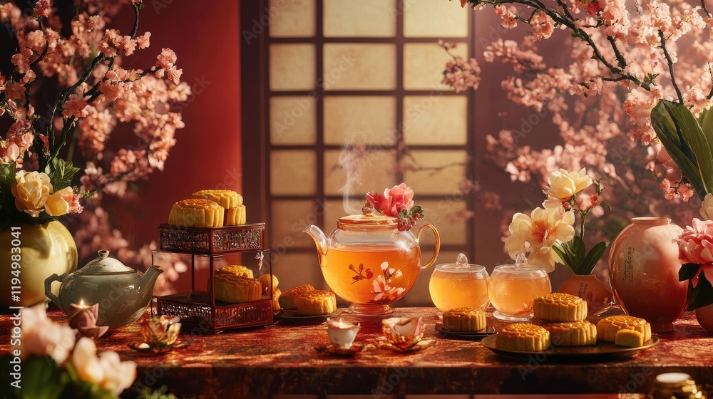 A festive setup with mooncakes, tea, and floral decorations, celebrating the Chinese Mid-Autumn Festival, with a warm and inviting ambiance. A festive setup with mooncakes, tea, and floral decorations, celebrating the Chinese Mid-Autumn Festival, with a warm and inviting ambiance.
