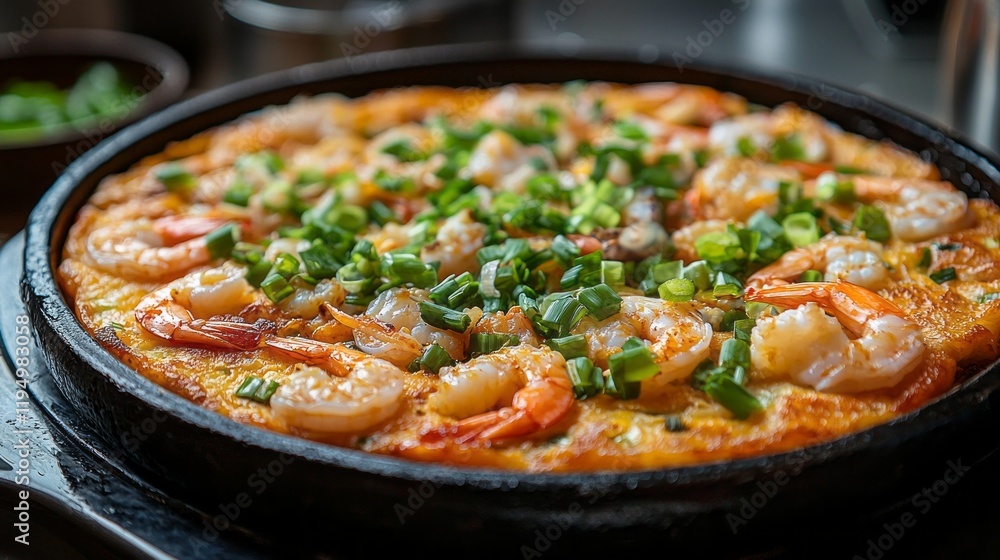 Delightful Korean pajeon pancakes filled with shrimp and topped with fresh green onions are served hot. This dish brings warmth and comfort in a cozy, inviting atmosphere, perfect for sharing Delightful Korean pajeon pancakes filled with shrimp and topped with fresh green onions are served hot. This dish brings warmth and comfort in a cozy, inviting atmosphere, perfect for sharing